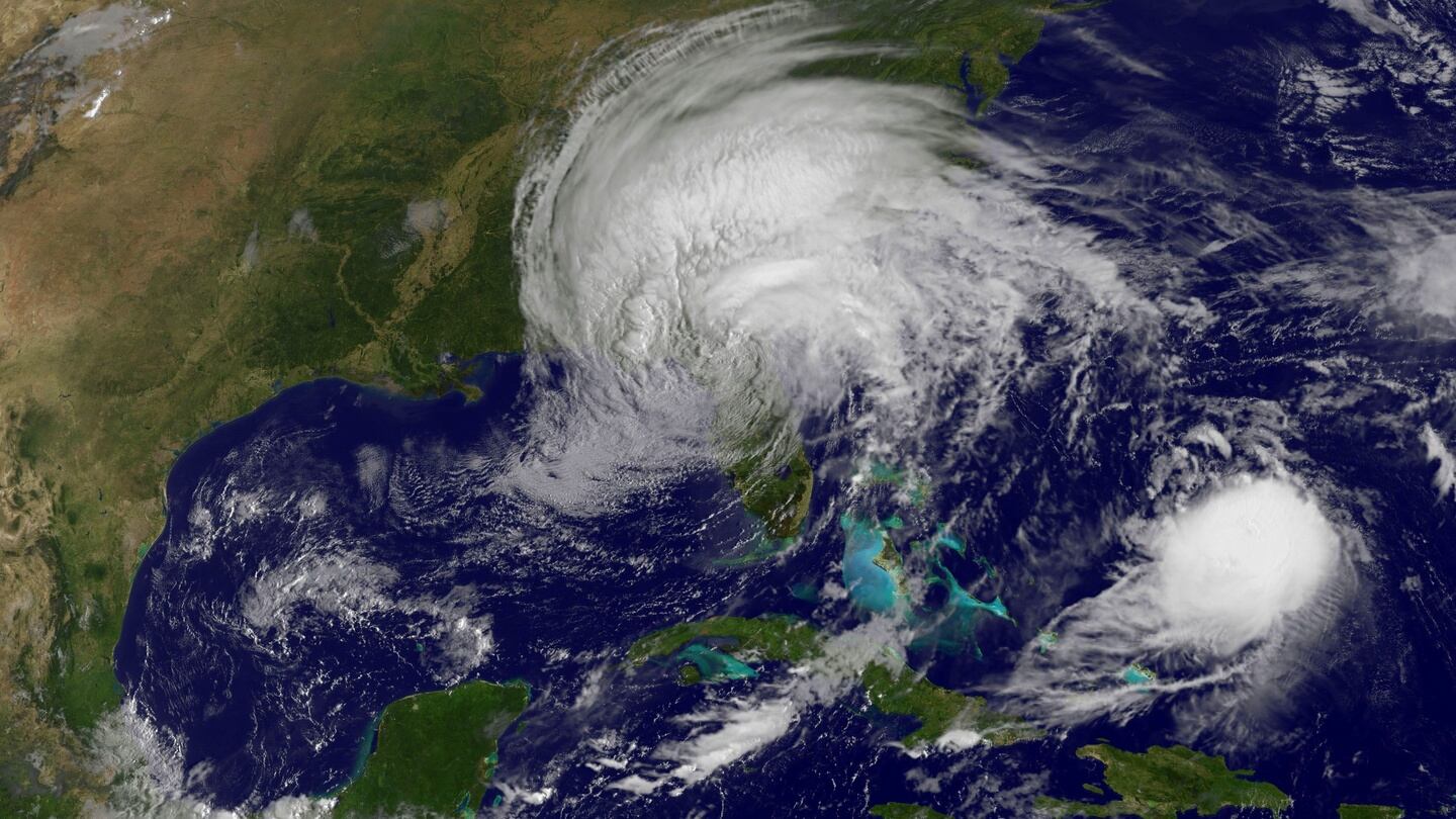 This image obtained from the Nasa’s GOES Project shows Tropical Storm Irma (centre) and Hurricane José (right) on Monday at 2.15pm Irish time. Photograph: AFP/Nasa/GOES Project