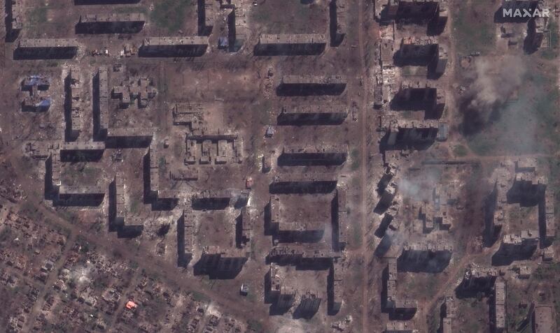 Satellite imagery shows the destruction of Bakhmut high school and homes in the city on May 15th. Photograph: Satellite image (c) 2023 Maxar Technologies/Getty