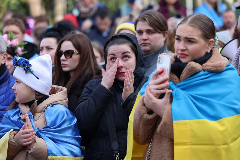 Ukrainian Action in Ireland organised for Ukrainians and supporters to gather at O’Connell Street and walk to Merrion Square, Dublin, to mark the second anniversary of the war in Ukraine.
Photograph: Dara Mac Dónaill / The Irish Times
