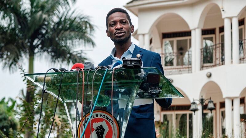 Musician-turned-politician Robert Kyagulanyi, also known as Bobi Wine, speaks during a press conference at his home in Magere, Uganda, on Friday. Photograph: Sumy Sadruni/AFP via Getty Images