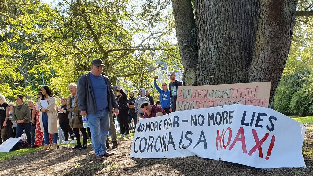 “Corona is a hoax!” People protesting at Stormont in Belfast against the government’s Covid-19 restrictions last week, days after further measures were imposed across Northern Ireland. File photograph: Rebecca Black/PA Wire