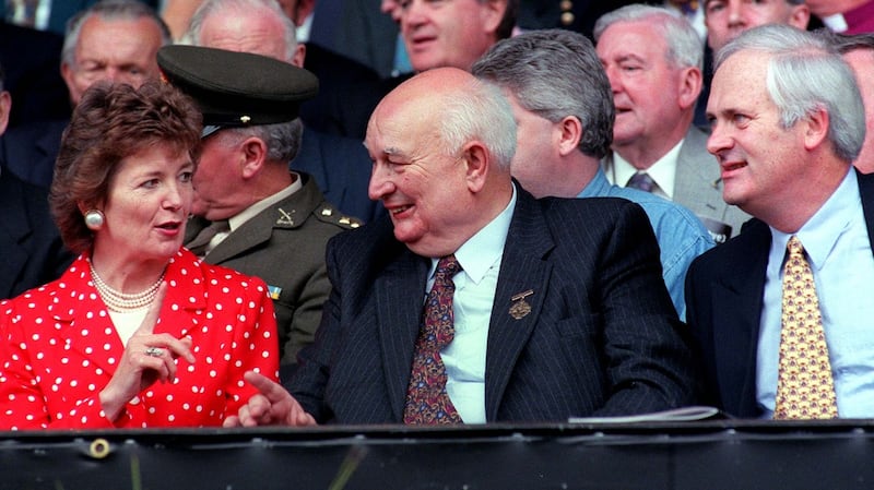 Former President of Ireland Mary Robinson with former GAA president Jack Boothman and former Taoiseach Richard Bruton at Croke Park. Photo: Eric Luke/The irish Times