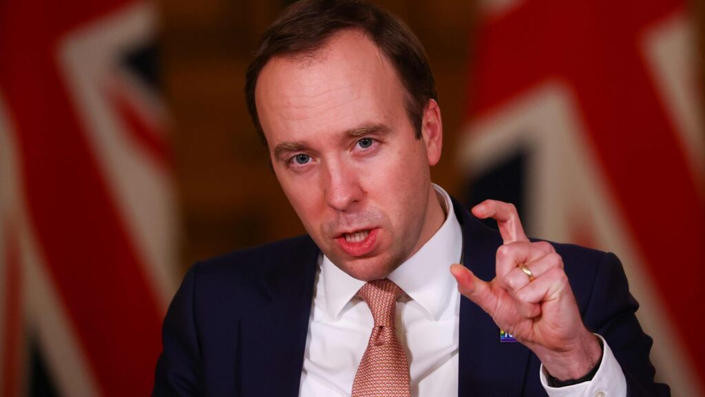 Health secretary Matt Hancock falsely claimed Brexit had enabled the UK to grant early vaccine authorisation and tearfully invoked the second World War by declaring it ‘V Day’. Photograph: Simon Dawson/AFP via Getty Images