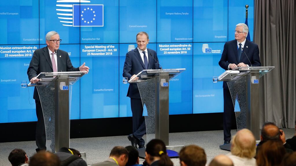 European Commission President Jean-Claude Juncker, European Union Council President Donald Tusk, and EU chief Brexit negotiator Michel Barnier give a press conference at the end of the European Council meeting in Brussels. Photograph: Olivier Hoslet/EPA