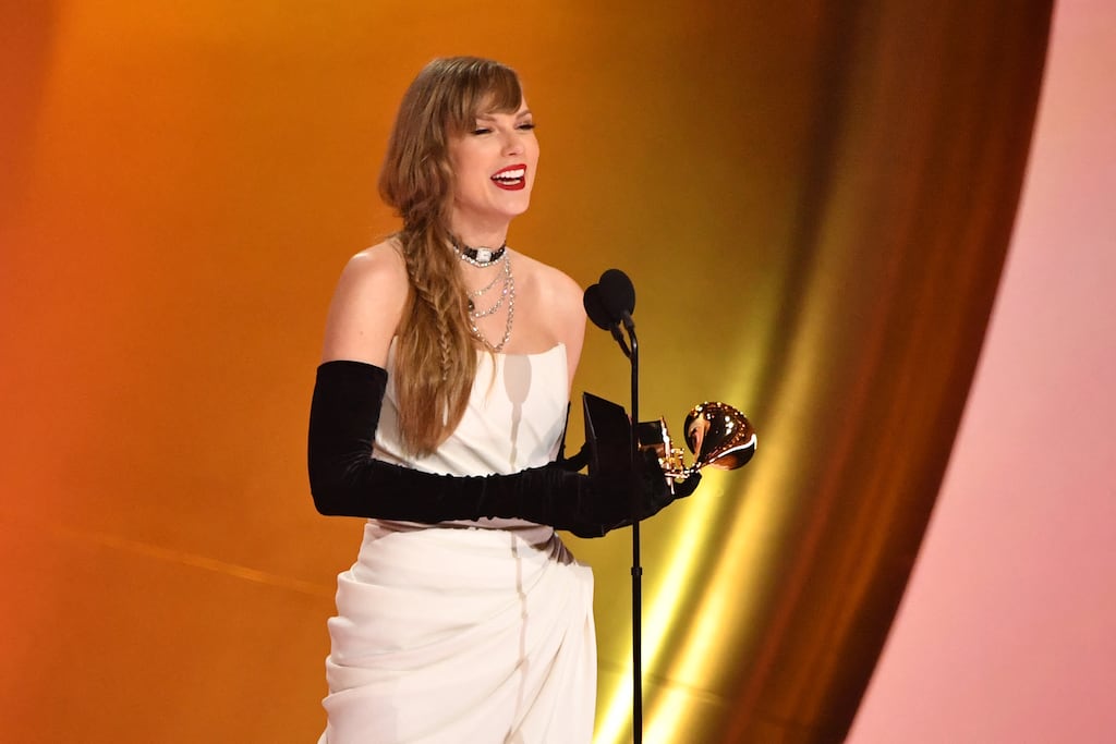US singer-songwriter Taylor Swift wears a timepiece choker around her neck as she accepts the Best Pop Vocal Album award for Midnights during the 66th Annual Grammy Awards at the Crypto.com Arena in Los Angeles earlier this week. Photograph: Valerie Macon/AFP/Getty
