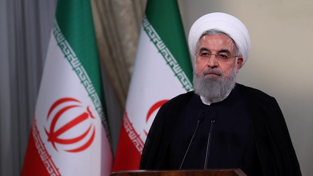 Iran’s president  Hassan Rouhani gives a speech on Iranian TV in Tehran in response to US president Donald Trump’s decision to pull out of the nuclear deal. Handout: AFP/Getty Images