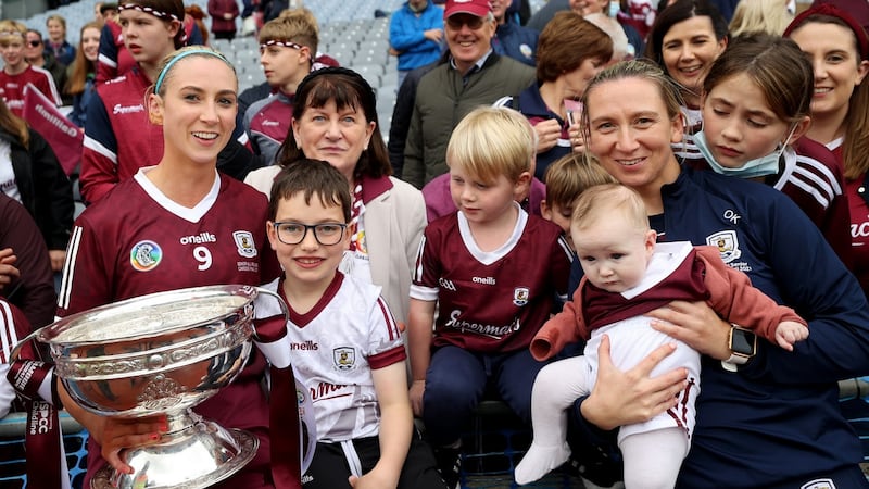 Galway’s Niamh Kilkenny celebrates the All-Ireland win  with her family at Croke Park. Photograph: James Crombie/Inpho