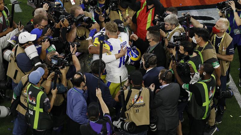 Los Angeles Rams quarterback Matthew Stafford (L) embraces Cooper Kupp. Photograph: Etienne Laurent/EPA