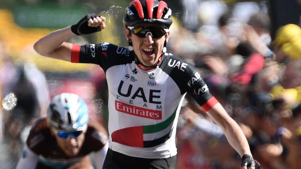 Ireland’s Daniel Martin celebrates winning the sixth stage of the 105th edition of the Tour de France between Brest and Mur-de-Bretagne Guerledan in 2018. Photograph: Jeff Pachoud/AFP/Getty Images