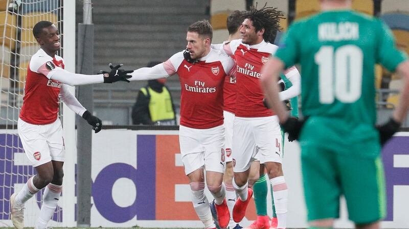 Aaron Ramsey scored Arsenal’s second against Vorskla Poltava. Photograph: Sergey Dolzhenko/EPA