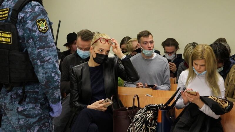 Yulia Navalnaya (front left), the wife of jailed opposition leader Alexei Navalny, attending the hearing at the Babushkinsky district court in Moscow on Thursday. Photograph:  Babushkinsky District Court Press Service/EPA