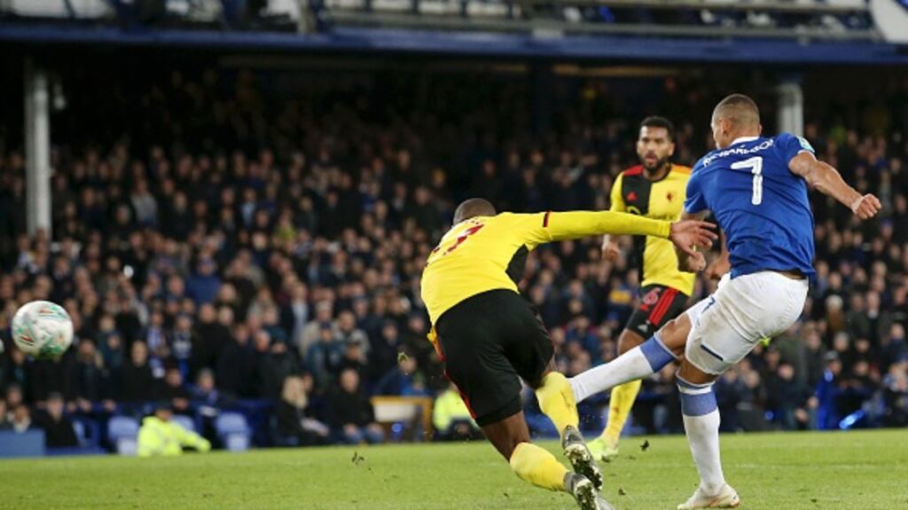 Richarlison scores his team’s second goal against Watford at Goodison Park. Photograph: Jan Kruger/Getty Images