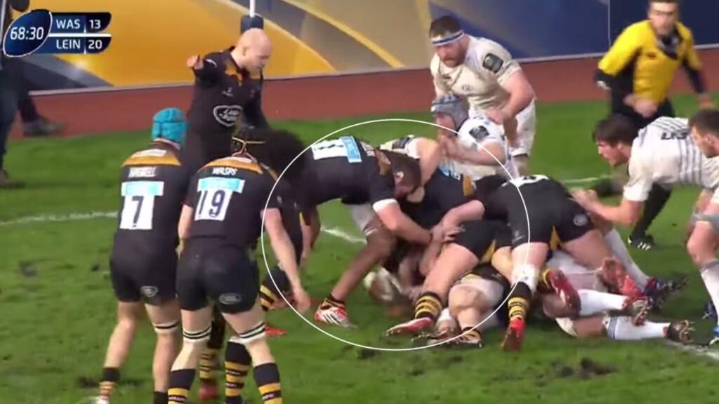 A screengrab of the ruck which Wasps’ number eight Nathan Hughes sprung through to score a try and prevent Leinster winning in the Ricoh Arena.
