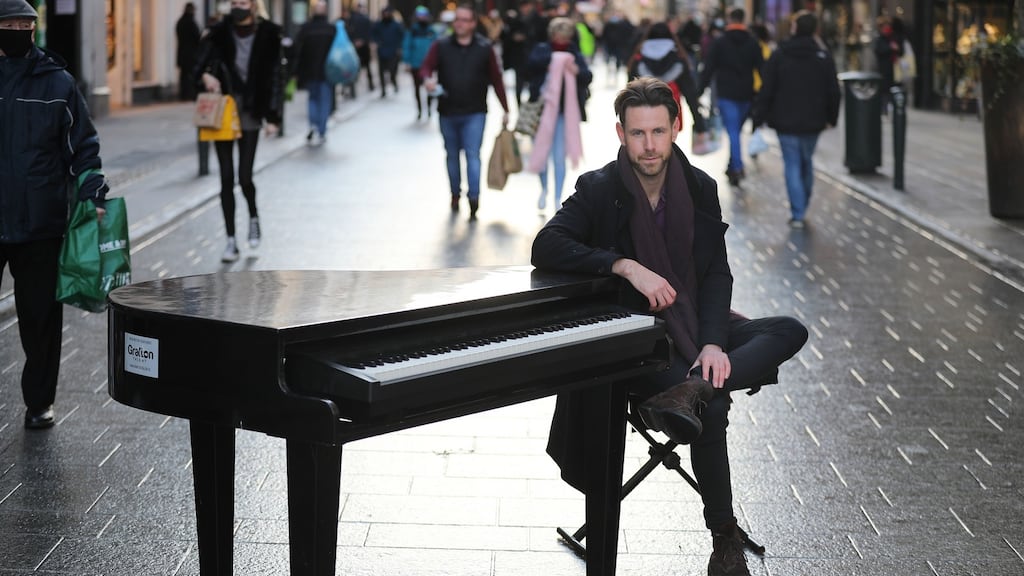David Owens with his piano on Grafton Street, Dublin. Photograph Nick Bradshaw