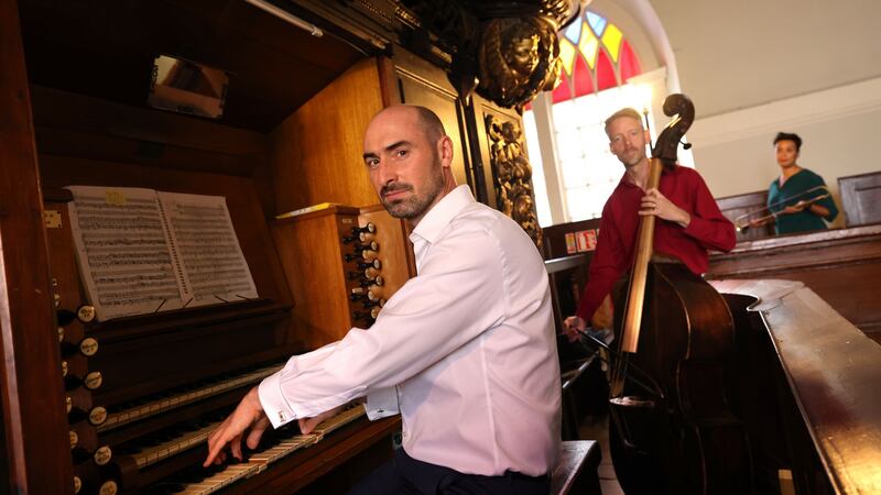 Peter Whelan, playing organ, Aliye Cornish, Malachy Robinson , double bass will play in Handel Fest 2021. Photograph: Dara Mac Donaill