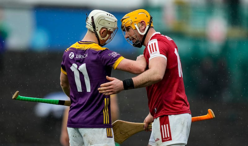 Daragh Carley of Wexford and Declan Dalton of Cork during the Allianz Hurling League Division 1A game at Chadwicks Wexford Park. Photograph: James Lawlor/Inpho