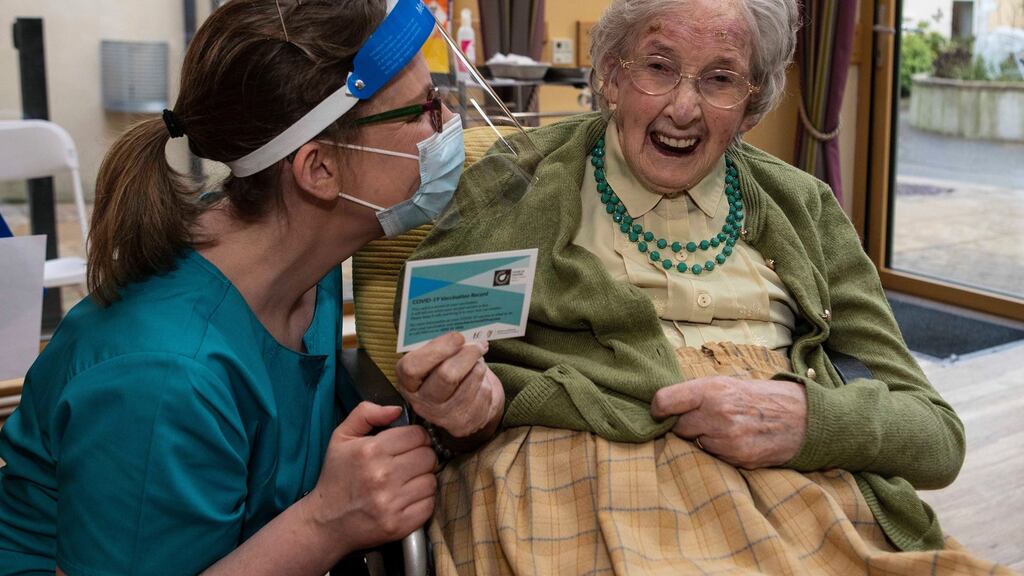 Eithne Nolan (92), from Dublin, with Berni Howard after receiving the Pfizer/BioNTech Covid-19 vaccine at Lisheen nursing home in Rathcoole, Co Dublin, on Sunday. Photograph: Damien Eagers