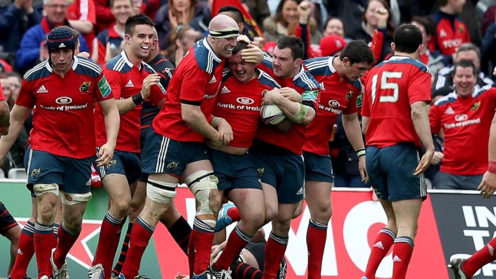 Munster’s Dave Kilcoyne celebrates his try against Toulouse in the quarter-final. “Munster have a handful of young guys who can change everything if they grab their chance on Saturday. Dave Kilcoyne, Dave Foley, Tommy O’Donnell, Ian Keatley – these are the kind of guys who have to do it.” Photograph: Inpho