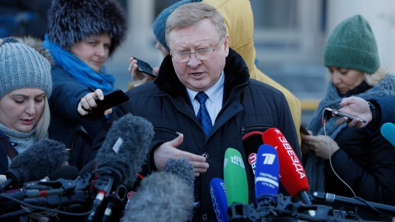 Vladimir Zherebenkov (centre), the lawyer for Paul Whelan, speaks to the media after a hearing of an appeal on Mr Whelan’s arrest on Tuesday. Photograph: EPA