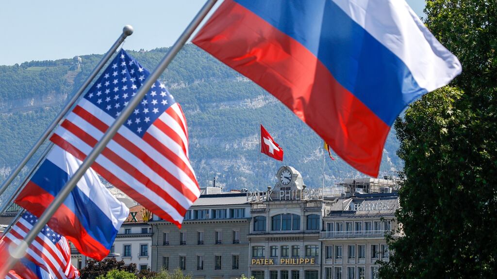 National flags of the US and Russia at the waterfront near Villa La Grange ahead of the US-Russia summit in Geneva, Switzerland. Photograph: Stefan Wermuth/Bloomberg