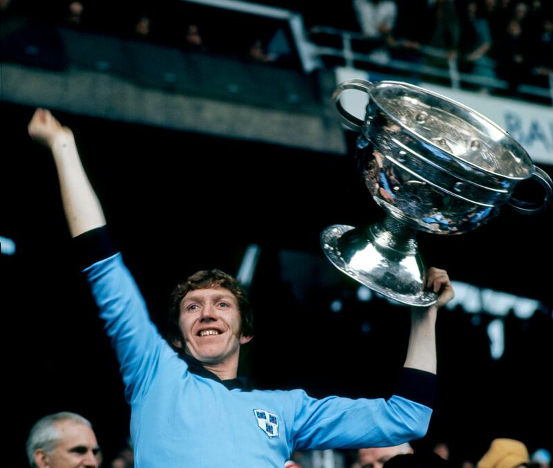 Dublin captain Seán Doherty lifts the Sam Maguire Cup after the 1974 All-Ireland SFC final. Photograph: Connolly Collection / Sportfile