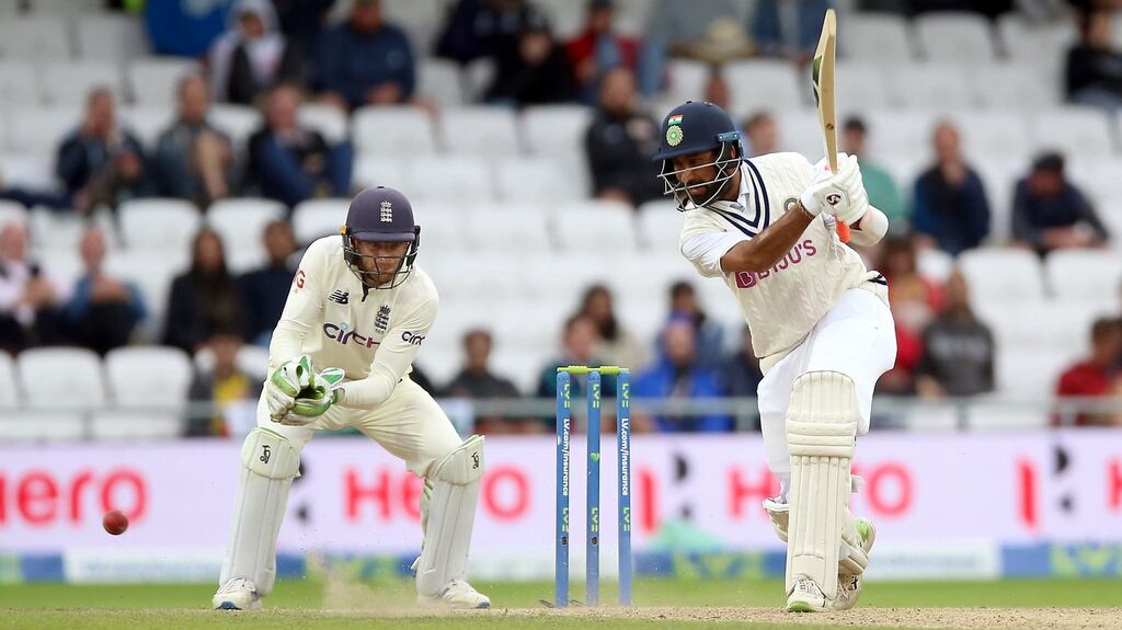 India’s Cheteshwar Pujara batting during day three of the Third Test match at Headingley, Leeds. Photograph: Nigel French/PA Wire