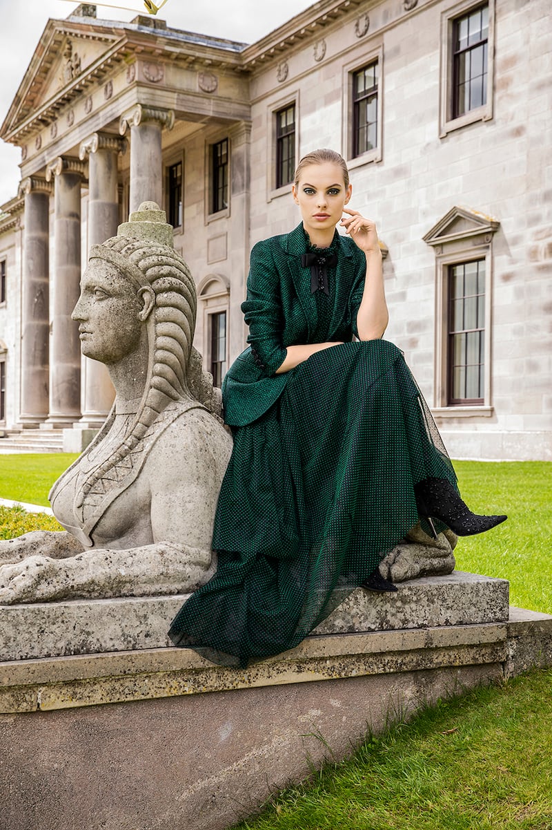 Louise Kennedy: Maya blazer in green Lurex tweed €995, Paloma dress in green and black polka-dot tulle €895, Cassandra corsage €195