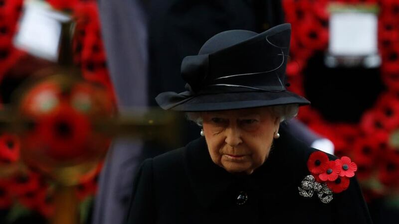 Britain’s Queen Elizabeth attends the annual Remembrance Sunday ceremony at the Cenotaph in London. Photograph: Luke MacGregor/Reuters