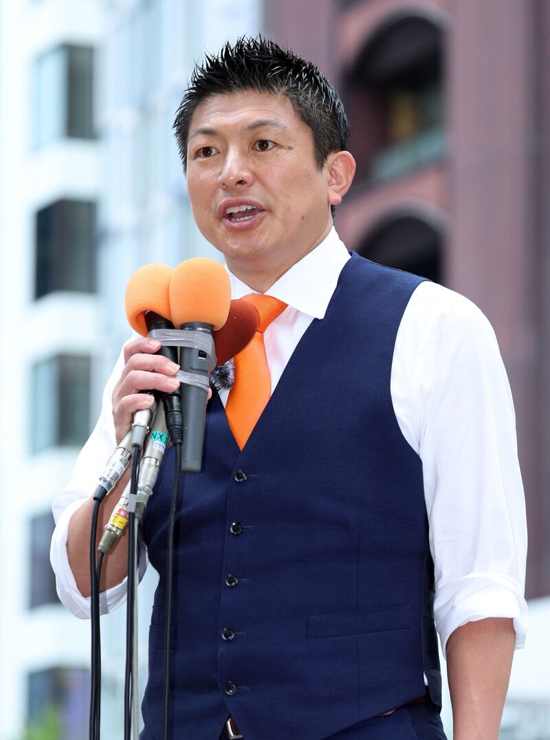 Sanseito party leader Sohei Kamiya during a street speech at the kick off of the campaign for the upper house elections in Tokyo, Japan.
