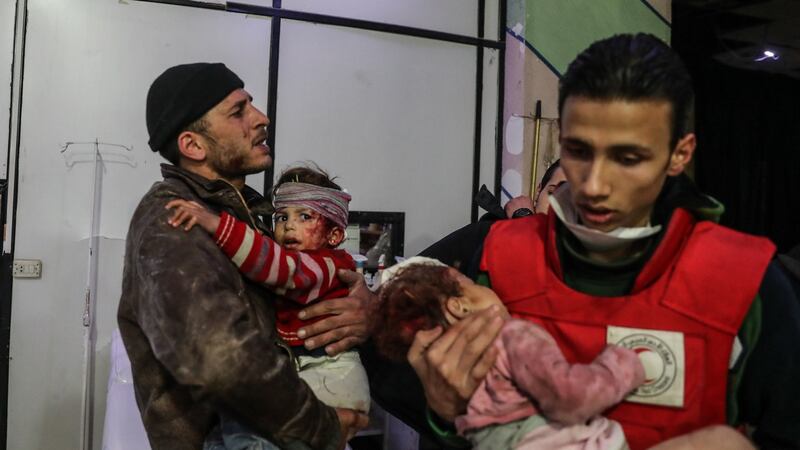 Injured children at  a hospital in rebel-held Douma, eastern Ghouta, Syria. Photograph: Mohammed Badra