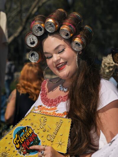 Birdie Paradise competed in the Florida Ma’am pin-up competition with bedazzled beer can hair rollers. Photograph: Jason Andrew/The New York Times