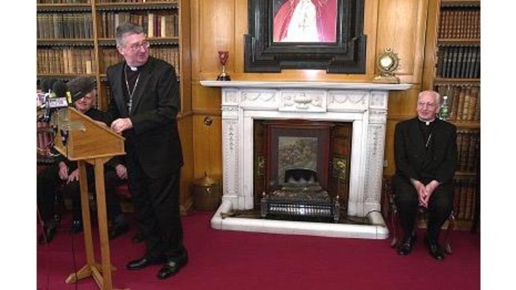 Dr Desmond Connell right), with his successor, Archbishop Diarmuid Martin, in Drumcondra, yesterday.
