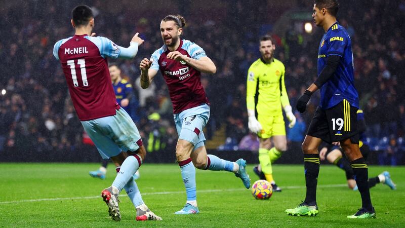 Jay Rodriguez celebrates his goal against Manchester United at Turf Moor. Photograph: Clive Brunskill/Getty Images