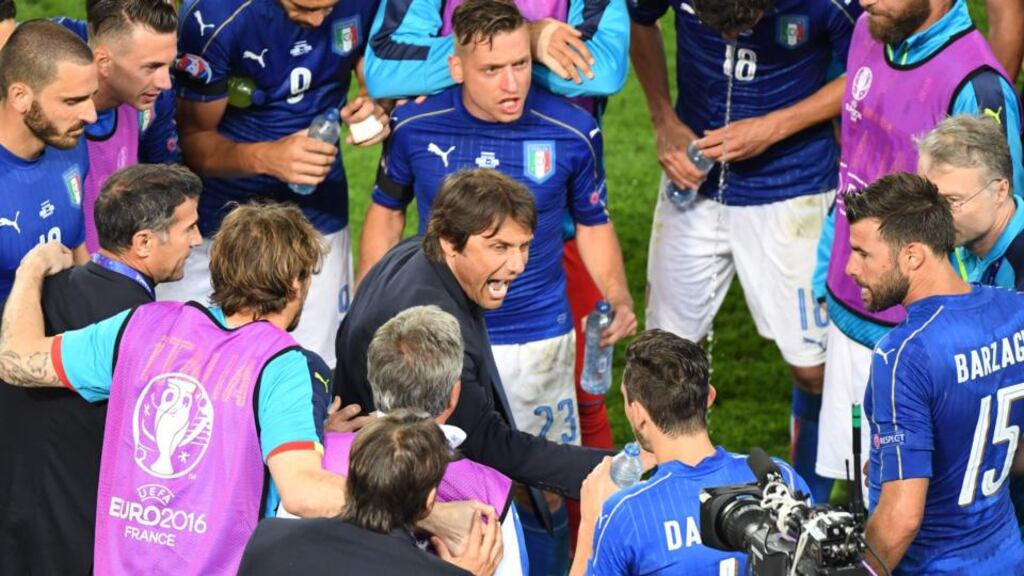 Antonio Conte’s Italy reign ended in a penalty shootout defeat to Germany in Bordeaux. Photograph: Afp