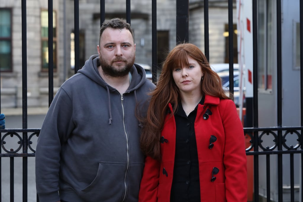 Fionn Bohane and Joanne Duggan, of Ringaskiddy, Co Cork, outside the High Court, after a case related to the birth of their son CJ Bohane was settled with a €3.5 million interim payout. Photograph: Collins Courts