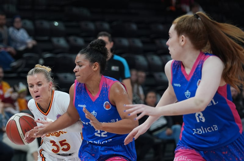 Claire Melia (right) and Baxi Ferrol team-mate Moira Joiner (centre) during the FIBA EuroCup game against Galatasaray Cagdas Faktoring in October. Photograph: Esra Bilgin/Anadolu via Getty Images