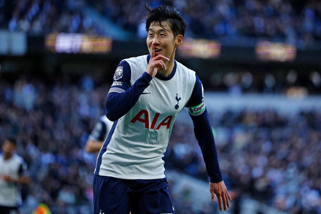 Son Heung-Min celebrates after scoring Tottenham Hotspur's fourth goal during the Premier League match at Tottenham Hotspur Stadium. Photograph: Benjamin Cremel/AFP via Getty Images)