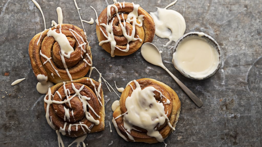 Cinnamon buns with maple cream cheese icing. Photograph: Harry Weir Photography