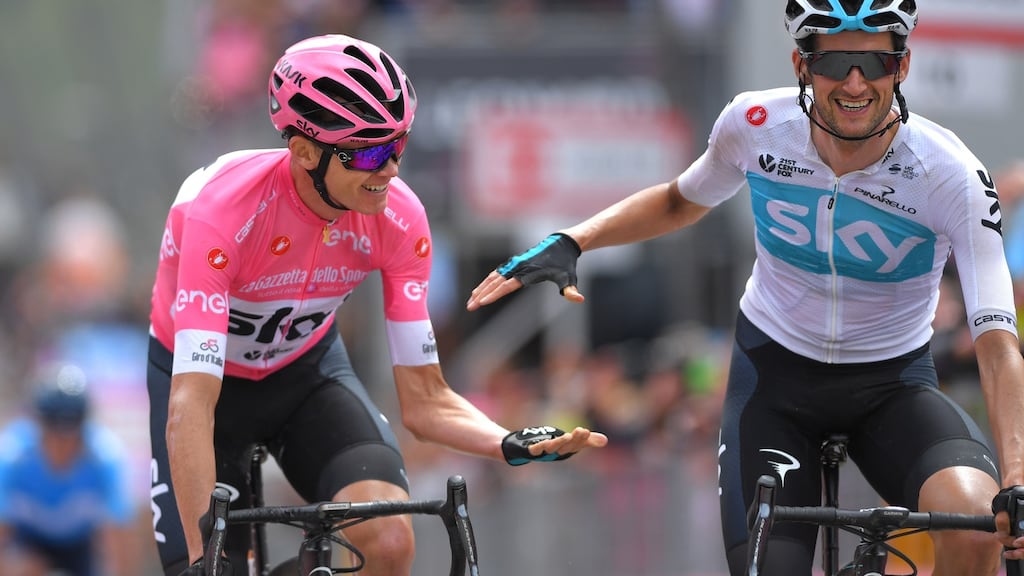 Chris Froome and his Team Sky team-mate Wout Poels during stage 20 of the Giro d’Italia from Susa to Cervinia on Saturday. Photograph:  Justin Setterfield/Getty Images