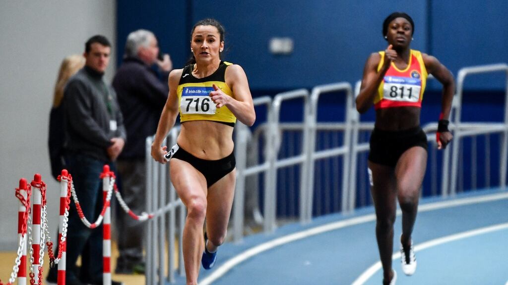 Phil Healy on her way to winning the 200m event during day one of the Indoor Athletics Championships in Abbotstown. Photograph: Sportsfile