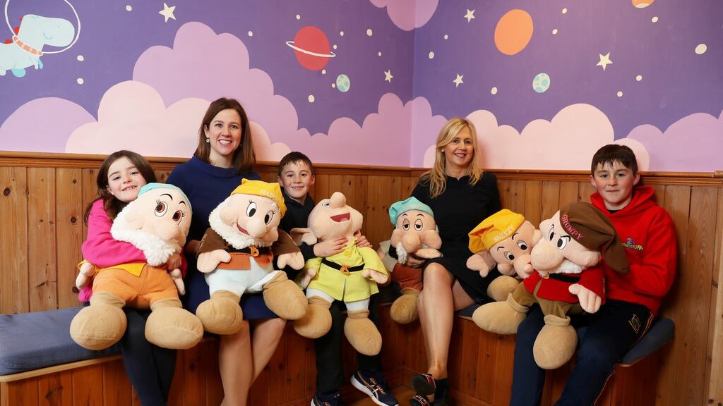 Barretstown camper Katie Mai (5), with her brothers  Charlie (7) and Jack (9)  with Katharine Jensen, head of corporate responsibility and executive director of the Vertex Foundation (2nd left) and Barretstown chief executive Dee Ahearn, Photograph: Jason Clarke