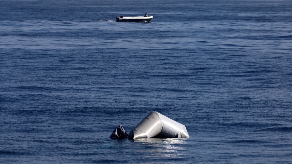 The remains of a migrant raft in the Mediterranean Sea off the Libyan coast during a search and rescue operation by Spanish NGO Proactiva Open Arms. Photograph: Yannis Behrakis/Reuters