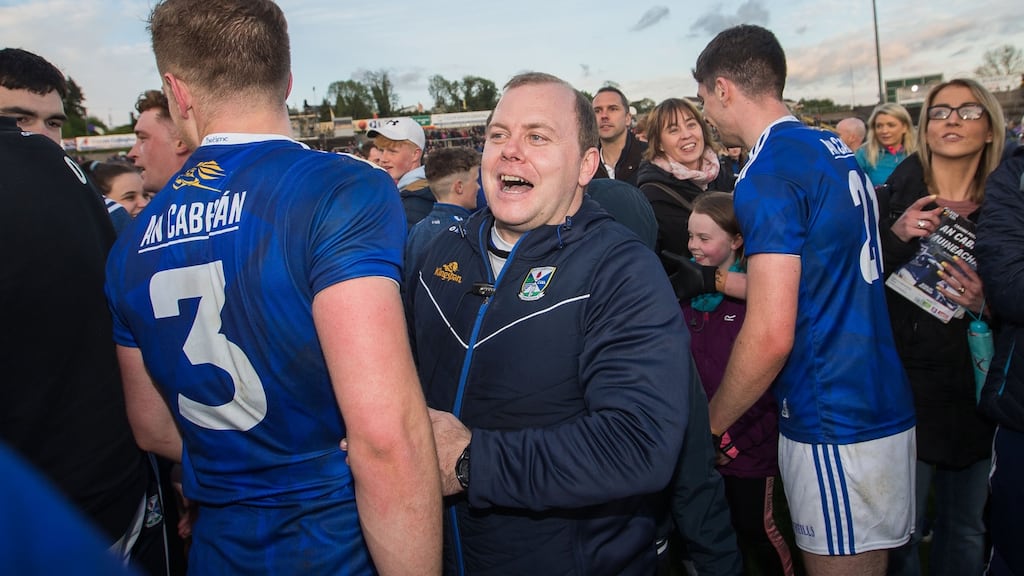 Mickey Graham celebrates Cavan’s win over Monaghan. Photograph: Tommy Dickson/Inpho
