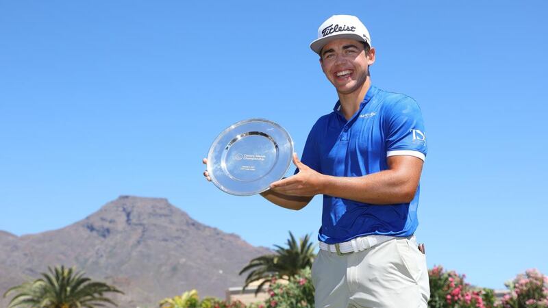 Garrick Higgo celebrates his victory in Tenerife. Photograph: Andrew Redington/Getty