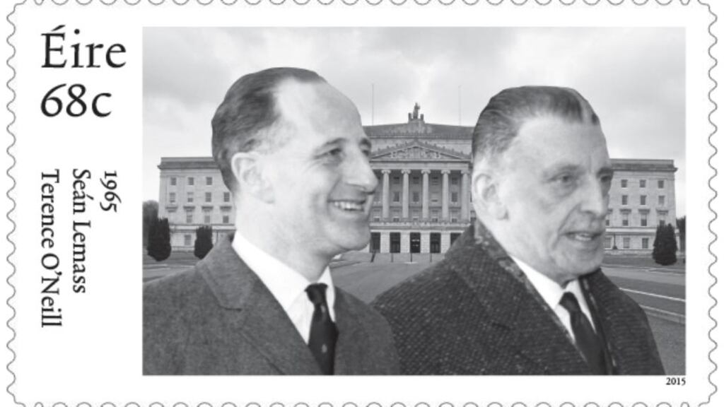 The 68 cent stamp features an image of O’Neill and Lemass outside Government Buildings at Stormont.