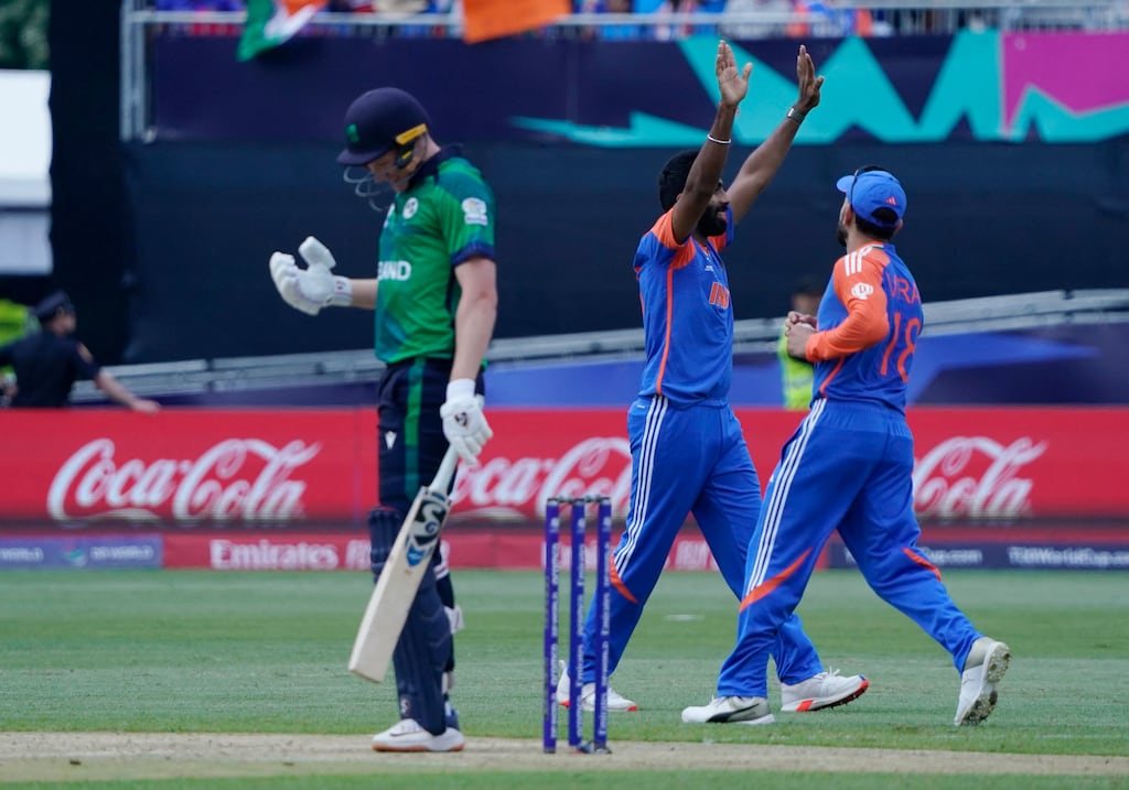 India's Jasprit Bumrah celebrates after Ireland's Harry Tector is caught out at Nassau County International Cricket Stadium in East Meadow, New York, during the T20 World Cup in the US. Photograph: Timothy A. Clary/AFP