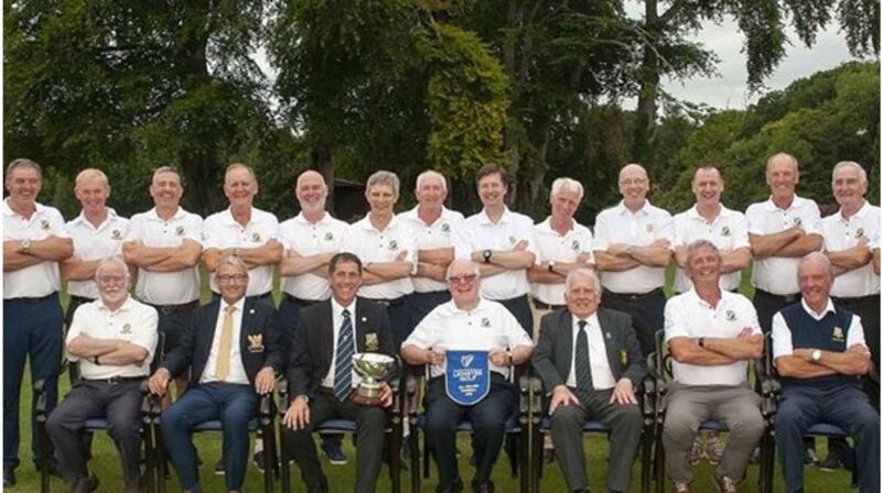 Leinster Fourball champions Malahide (front L to R) - Mick Gaffney, Brian Gunning (captain of Tullamore), Jim McMahon (captain Malahide), Neil Corr, (joint team manager), John Ferriter (chairman Leinster Golf), Michael Ryan (joint team manager) and Dónal Hughes (back L-R) Bob Sandford, Seamus Gallagher, Michael Murray, Douglas Shirran, Bill Lowe, Gary Mahood, Noel Minihan, Michael Lenihan, Paraic Conlon, Andy Roche, Paul Murray, Matt McMahon, Des Watehorne and Eamon Donnelly.