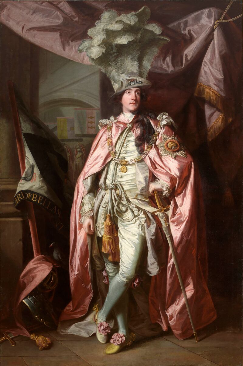 An oil on canvas portrait of Charles Coote wearing pink robe and feathered hat