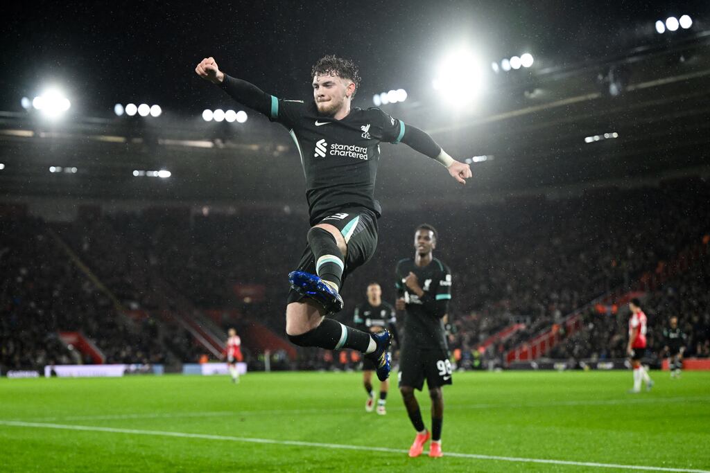 Harvey Elliott celebrates scoring Liverpool's second goal against Southampton at St Mary's Stadium. Photograph: Justin Tallis/AFP via Getty Images