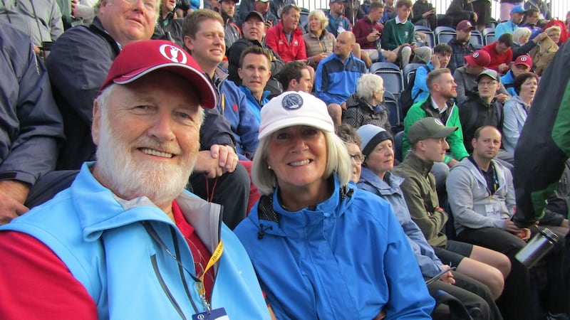 Doug Foster and Liz Lancaster in the stands as they wait for Darren Clarke to tee off. Photogrph: Freya McClements